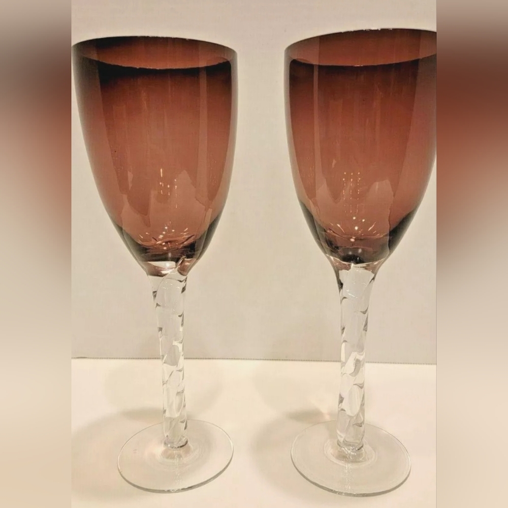 2 Crystal Goblets Amethyst Purple w/ Twisted Clear Stem 9" Handblown Pre-owned